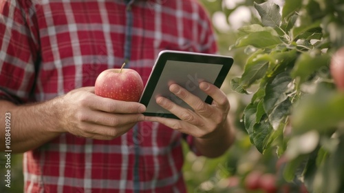 A man in a red plaid shirt carefully inspects an apple in his orchard, holding the fruit with one hand while using a tablet in the other to monitor quality, showcasing a blend of traditional farming w