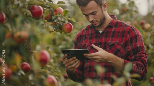 A man in a red plaid shirt carefully inspects an apple in his orchard, holding the fruit with one hand while using a tablet in the other to monitor quality, showcasing a blend of traditional farming w
