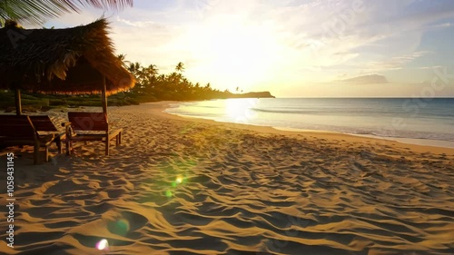 Sunrise hut beach tropical chairs chair backlit silhouette parasol morning sunset beautiful beauty tourist resort travel destination outdoors traditional culture sand sea comfortable relaxation recre photo