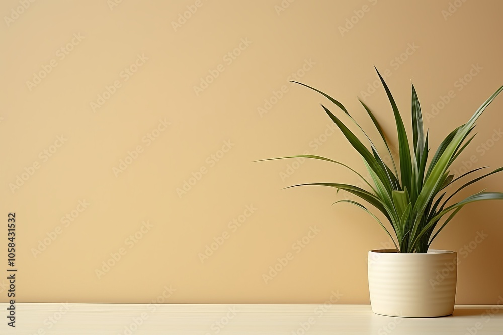 Indoor potted plant on a light beige surface against a soft yellow wall in a cozy room Indoor potted plant on a light beige surface against a soft yellow wall in a cozy room