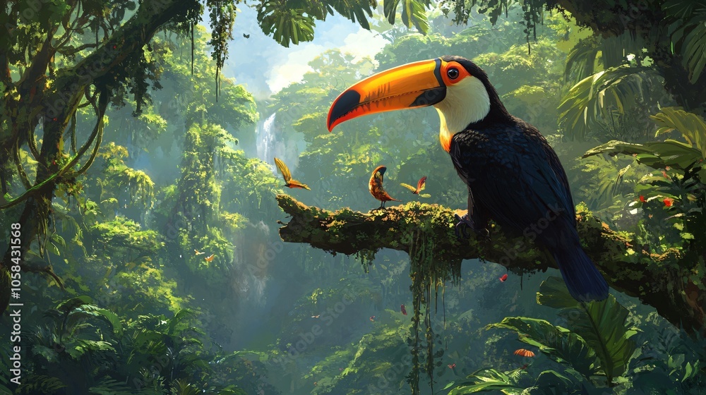 Obraz premium Toucan in Lush Rainforest with Waterfall