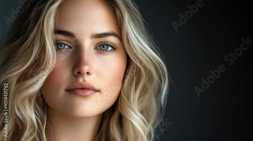 Portrait of a woman with blonde hair and light blue eyes, perfectly capturing her natural beauty in this striking image. Ideal for highlighting confidence and elegance, with ample copy space.