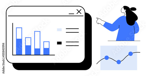 Person points at data charts including bar charts and line graph. Ideal for data analysis, business reports, presentations, statistical representation, and educational purposes. Simple vector style