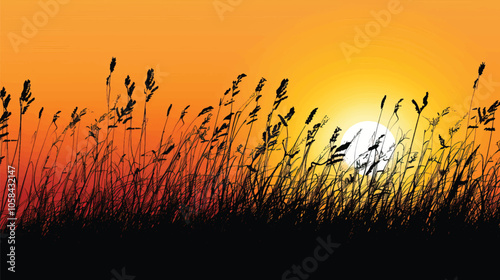 A silhouette of tall grass against the sunset. silhouette illustration