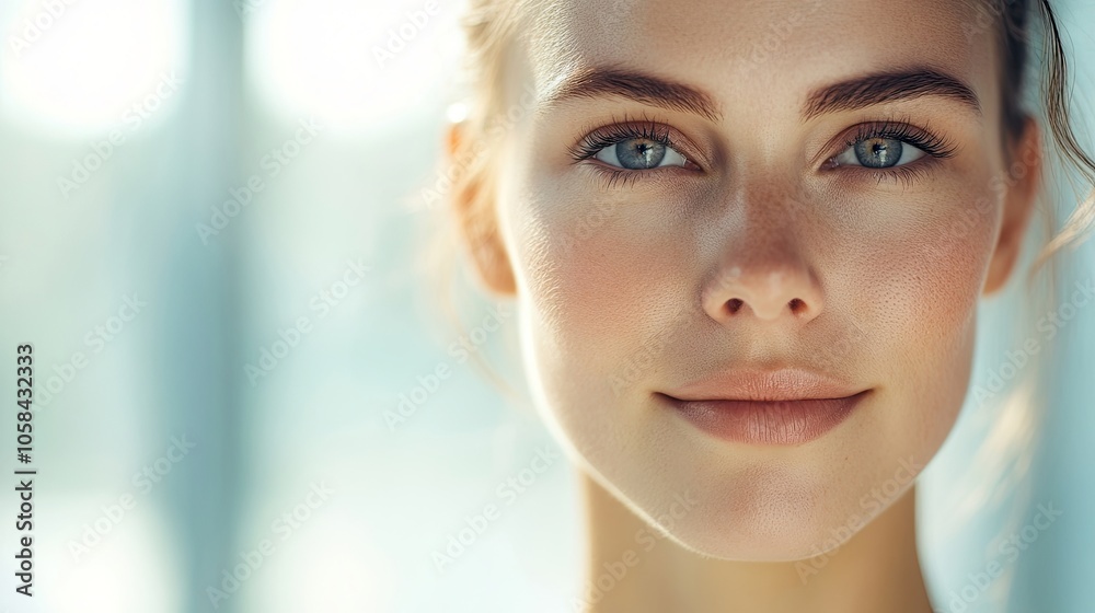 Woman with a radiant, fresh, and clean face, highlighting her shining complexion in a well-lit setting, perfect for beauty, skincare, or wellness themes with ample copy space. Woman with a radiant, fresh, and clean face, highlighting her shining complexion in a well-lit setting, perfect for beauty, skincare, or wellness themes with ample copy space.