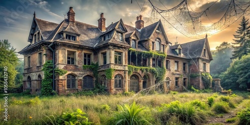 Creepy abandoned mansion with cobwebs and overgrown gardens in the foreground, broken windows, crumbling, twisted vines