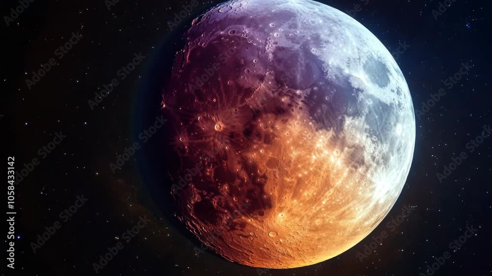 A close-up of the moon with a red and blue glow, set against a backdrop of a starry sky. A close-up of the moon with a red and blue glow, set against a backdrop of a starry sky.