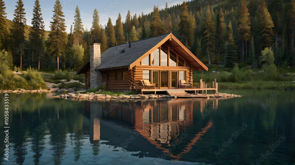 Fototapeta premium Mountain retreat cabin by lakeside surrounded by green trees