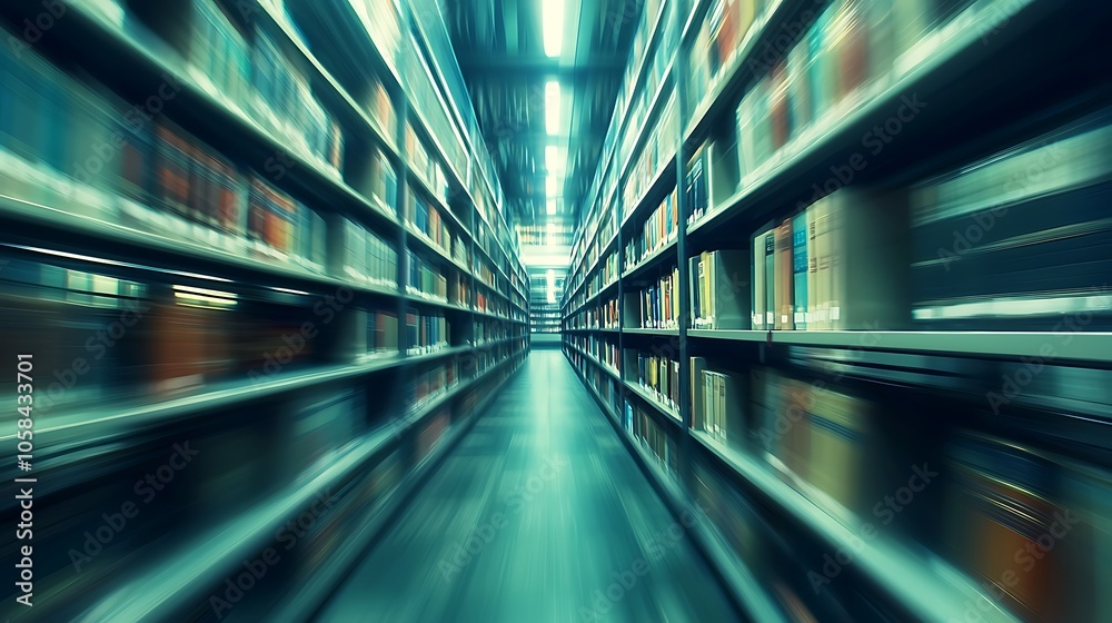 Obraz premium Abstract blurred public library interior space. Blurry room with bookshelves by defocused effect. Use for background or backdrop in business or education concepts.