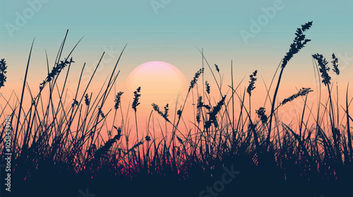 A silhouette of tall grass against the sunset. silhouette illustration