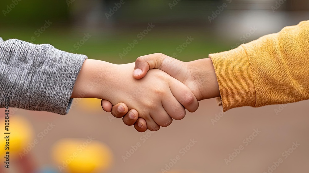 Close-up of two children shaking hands in a friendly manner. Close-up of two children shaking hands in a friendly manner.