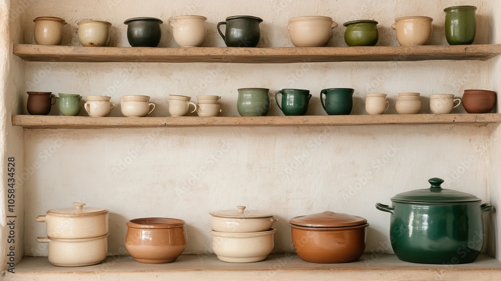 A rustic display of various ceramic pots and cookware arranged on wooden shelves, showcasing earthy colors and traditional craftsmanship. A rustic display of various ceramic pots and cookware arranged on wooden shelves, showcasing earthy colors and traditional craftsmanship.