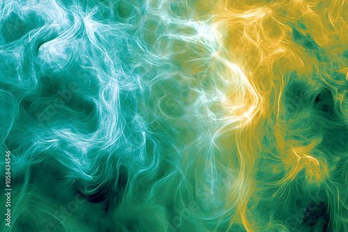 Abstract background with swirling green, blue and yellow colors.