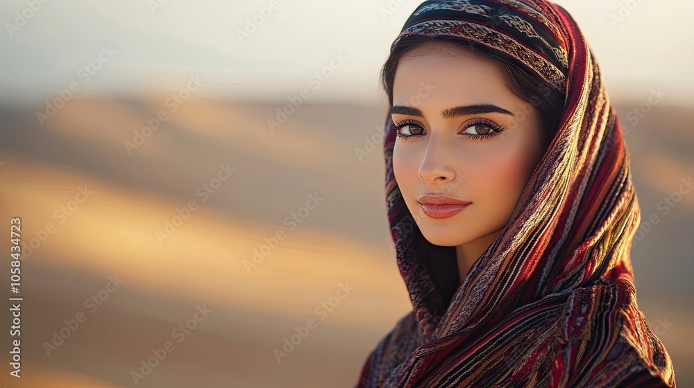 Portrait of a beautiful young Arabian woman in a traditional folklore dress set against a blurred desert background, highlighting local culture and modern fashion, with ample copy space. Portrait of a beautiful young Arabian woman in a traditional folklore dress set against a blurred desert background, highlighting local culture and modern fashion, with ample copy space.