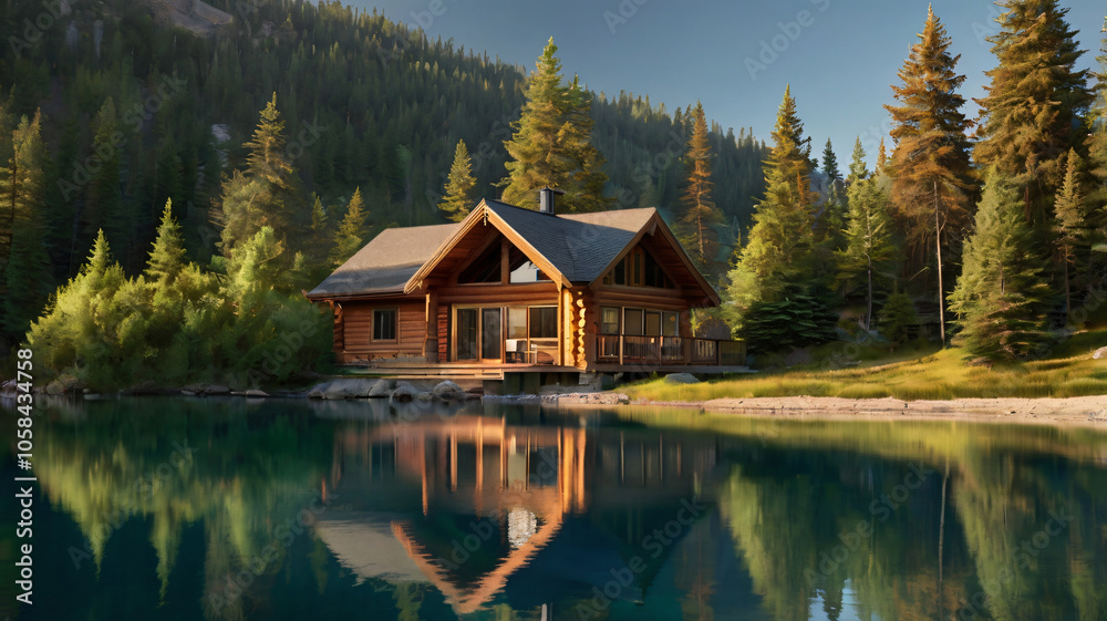 Fototapeta premium Mountain retreat cabin by lakeside surrounded by green trees