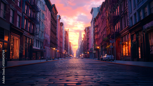 Empty street at sunset time in SoHo district photo