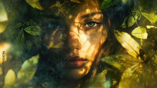 Ethereal woman portrait captured amidst lush trees, emphasizing her vibrant presence and connection with nature. Ideal for projects requiring a unique and artistic touch, with ample copy space.