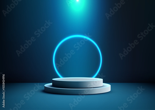 Futuristic 3D Neon Blue Ring Above White Podium, High Tech Product Showcase on Dark Background, Modern Design for Technology Displays