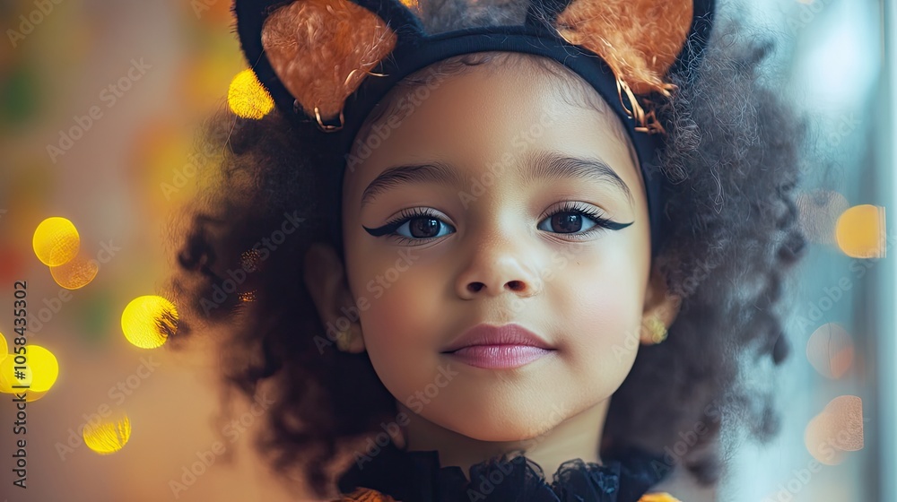 Girl wearing a headband with ears and a cat nose, dressed in a Halloween-themed cat outfit. The festive makeup highlights the African American childs curly hair, complemented by ample copy space. Girl wearing a headband with ears and a cat nose, dressed in a Halloween-themed cat outfit. The festive makeup highlights the African American childs curly hair, complemented by ample copy space.