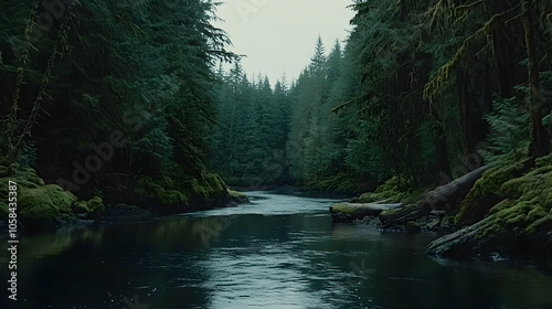 A tranquil river flows through a dense, moss-covered forest.