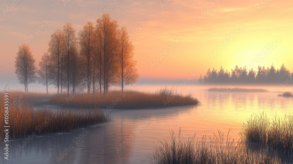 Serene sunset landscape with water and trees. Serene sunset landscape with water and trees.