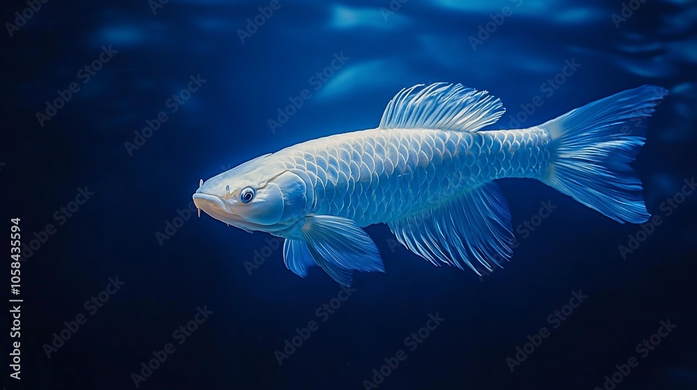 A white albino fish with blue scales swims through dark blue water. A white albino fish with blue scales swims through dark blue water.