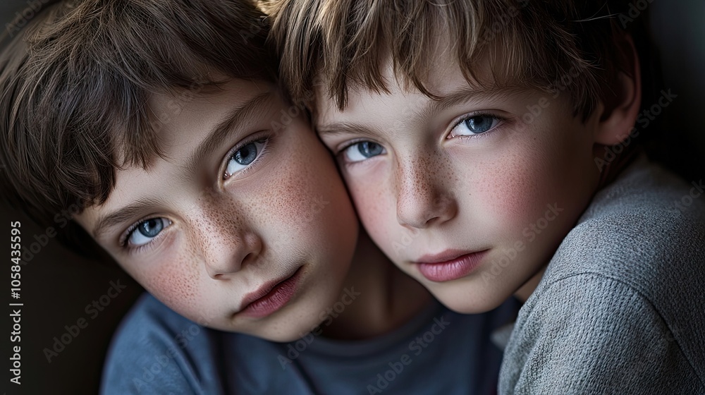Portrait of two boys gazing toward the camera, capturing their expressions with a focus on their playful demeanor. This portrait offers ample copy space for your creative needs. Portrait of two boys gazing toward the camera, capturing their expressions with a focus on their playful demeanor. This portrait offers ample copy space for your creative needs.