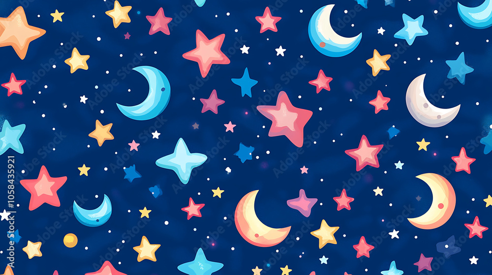 Cute stars and moons on dark blue background create whimsical atmosphere Cute stars and moons on dark blue background create whimsical atmosphere