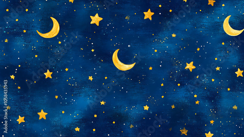 whimsical night sky filled with golden stars and crescent moons