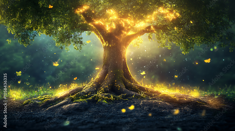 magical tree glowing with light, surrounded by butterflies and serene atmosphere