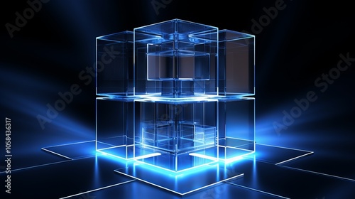Futuristic glowing cubes in a dark space with blue light creating a digital atmosphere