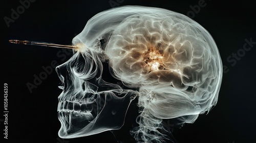 X-ray image of a skull with a needle penetrating the brain, illustrating medical trauma.
