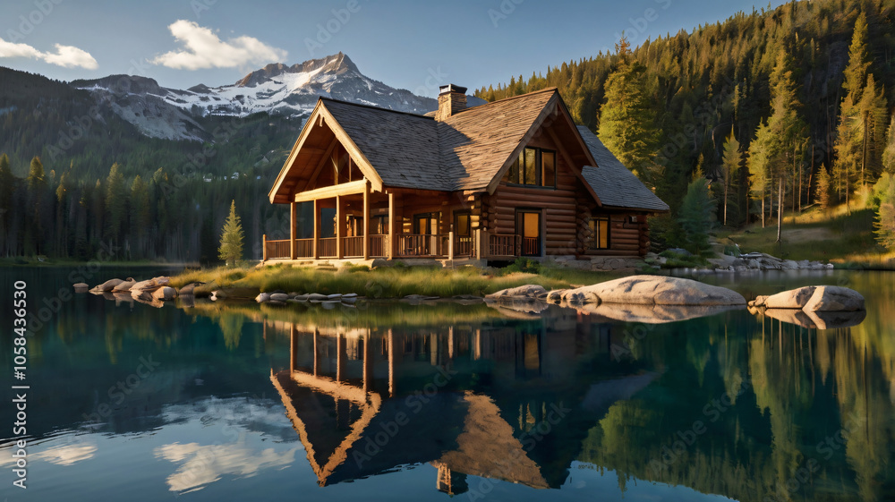 Fototapeta premium Mountain retreat cabin by lakeside surrounded by green trees