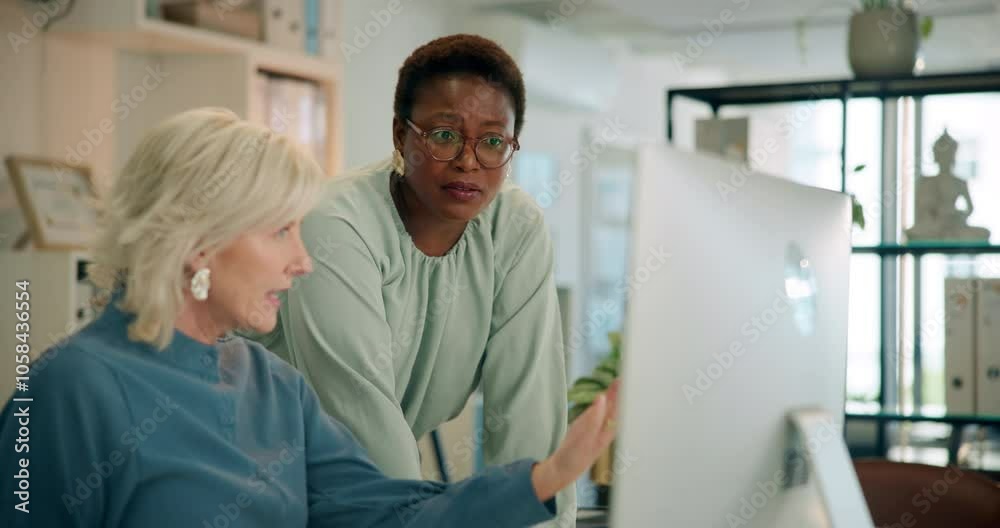 Business, woman and meeting with mentor on computer for coaching advice, planning and project feedback. People, discussion and pc with online information, proposal instructions and guidance in office