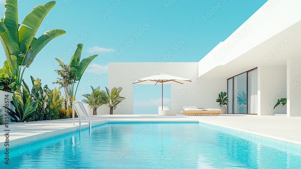 Fototapeta premium Relaxing at a Private Pool by the Beach in a Luxurious Hotel or Vacation Home, Perfect for a Calm and Rejuvenating Getaway