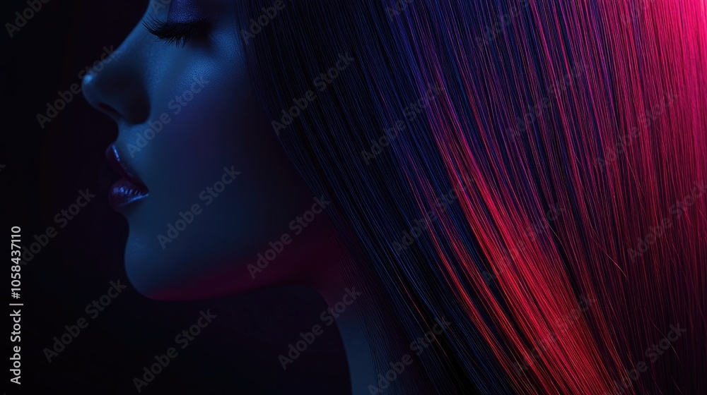 Close-up of a pretty woman with luxurious dark fantasy hair color, showcasing healthy long straight hairstyle. Abstract backdrop emphasizes hairstyle care concept, with ample copy space. Close-up of a pretty woman with luxurious dark fantasy hair color, showcasing healthy long straight hairstyle. Abstract backdrop emphasizes hairstyle care concept, with ample copy space.