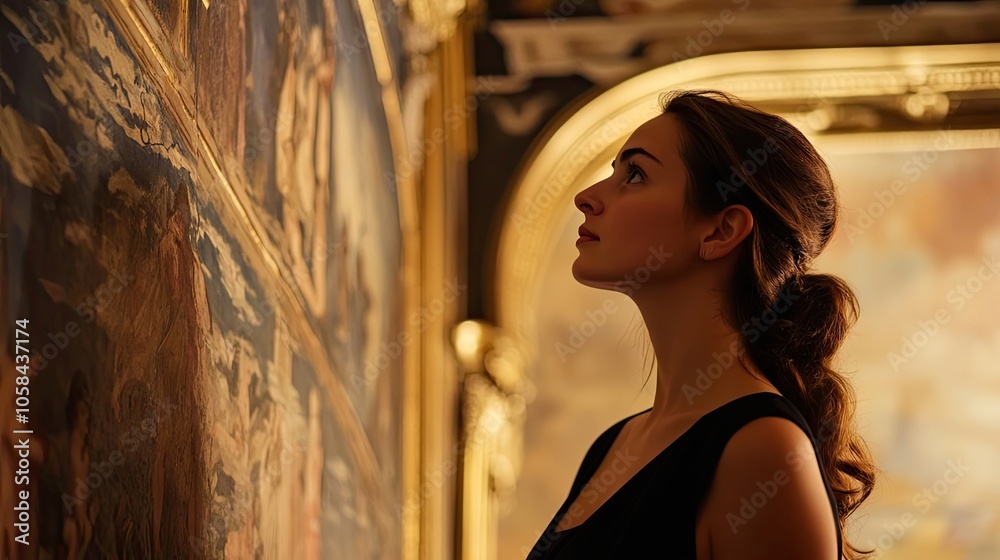 Obraz premium Brunette woman in a black dress admiring a beautiful fresco, with a focus on the details of the artwork. The image captures her thoughtful expression and has ample copy space.
