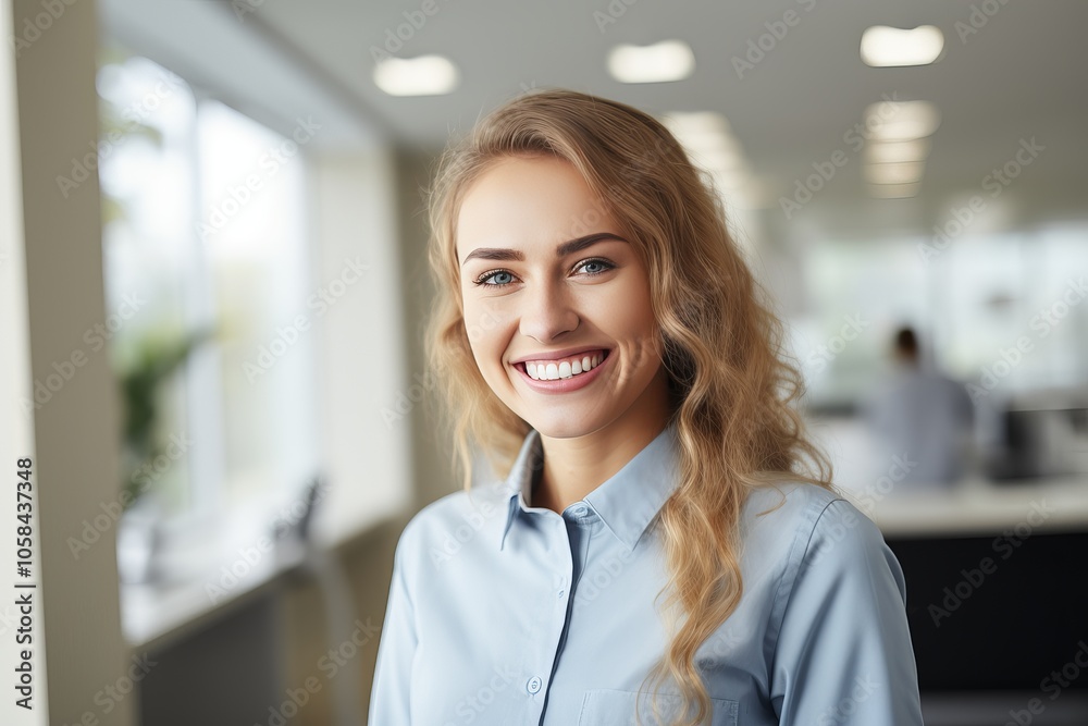 Fototapeta premium Smiling woman in light blue shirt stands in modern office during daytime