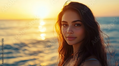 A beautiful woman with long hair enjoys the serene sea at sunset. The tranquil scene captures the essence of beauty by the sea, perfect for any creative project.