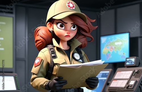 Animated female ranger reviewing documents in command center