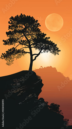 A single tree on a hill. silhouette illustration