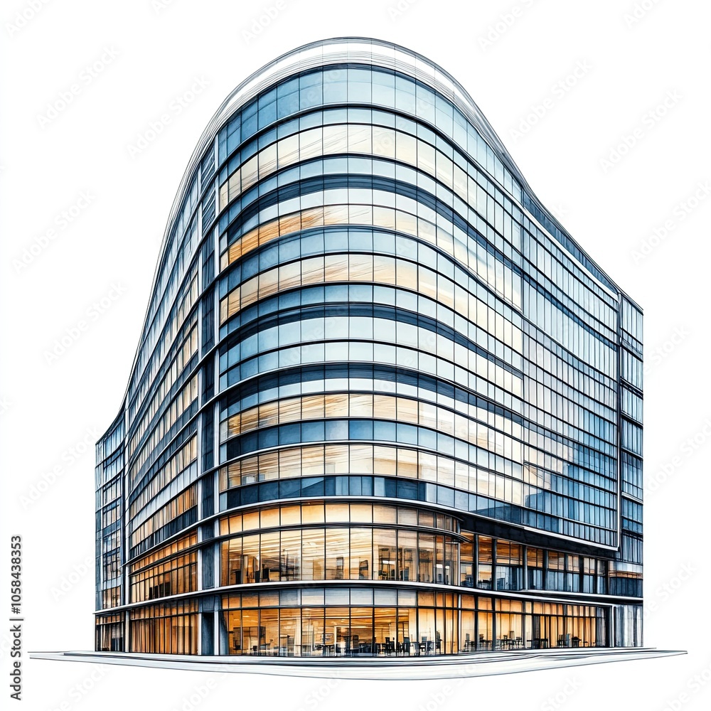 Fototapeta premium Modern office building or business center with glass windows, isolated on a white background. 