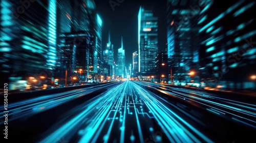 Futuristic cityscape with glowing lights and motion blur.