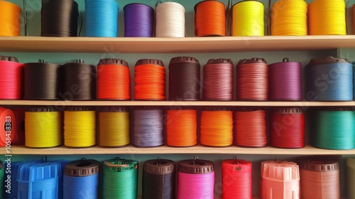 Colorful Spools of String on Shelves