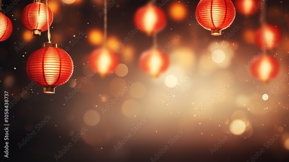 Bright red lanterns hang elegantly against a softly lit background during festive celebrations Bright red lanterns hang elegantly against a softly lit background during festive celebrations