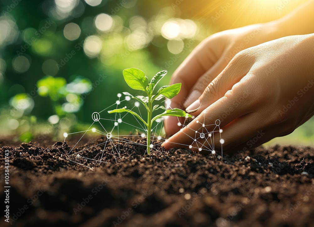 Close up of a hand planting a small plant in soil with a white digital network overlay. Close up of a hand planting a small plant in soil with a white digital network overlay.
