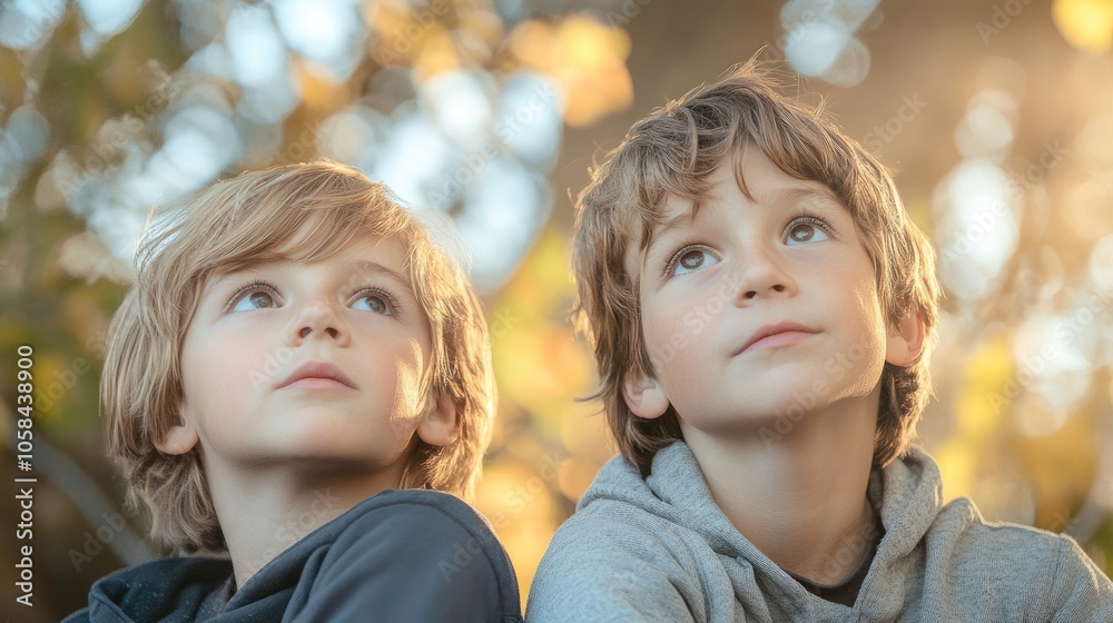 Portrait of two boys gazing toward the camera, capturing their expressions with a focus on their playful demeanor. This portrait offers ample copy space for your creative needs. Portrait of two boys gazing toward the camera, capturing their expressions with a focus on their playful demeanor. This portrait offers ample copy space for your creative needs.
