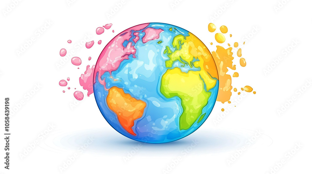 Colorful globe illustration with vibrant continents and playful splashes Colorful globe illustration with vibrant continents and playful splashes