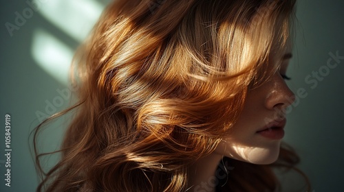 A woman with long, flowing red hair is backlit by a window, creating streaks of light on her hair and face.