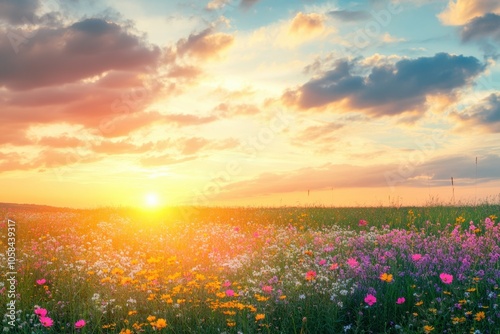 A vibrant sunset over a field of blooming wildflowers, with puffy white clouds creating a picturesque backdrop, capturing the serene beauty and tranquility of nature in the golden hour.